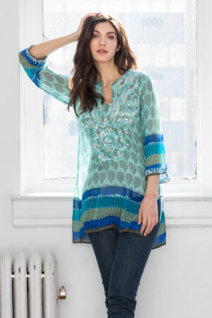 Allegra Aqua Silk Georgette Tunic - Amaya Textiles