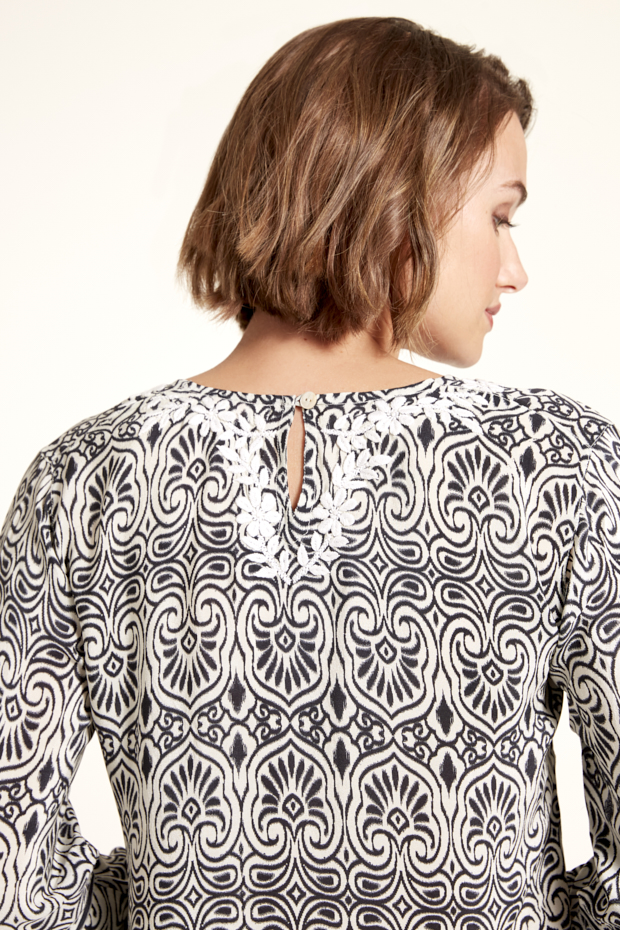 Demi Black and White Silk Crepe Shirt - Amaya Textiles