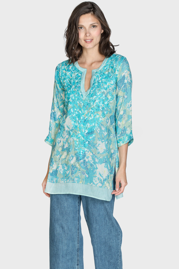 Frances Sea Blue Silk Tunic - Amaya Textiles