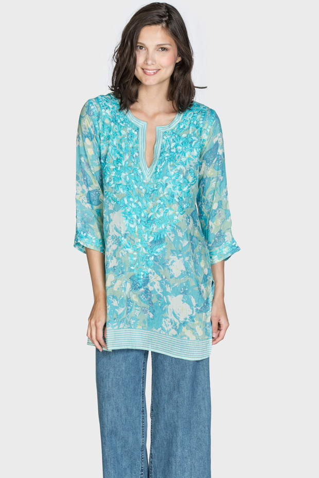 Frances Sea Blue Silk Tunic - Amaya Textiles