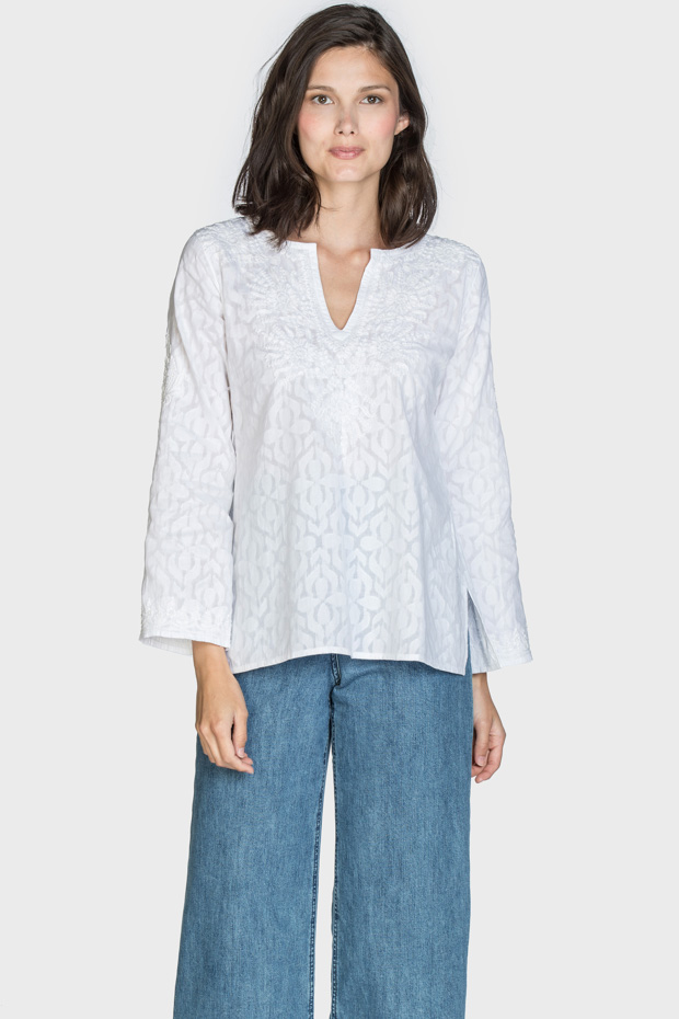 Mona White Cotton Damask Shirt - Amaya Textiles