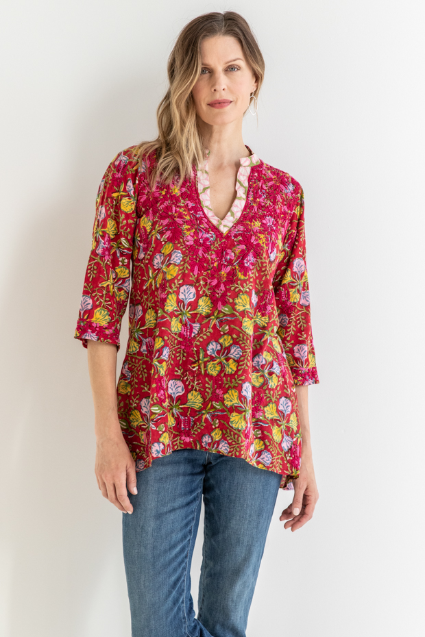 Charlotte Red Cotton Shirt - Amaya Textiles