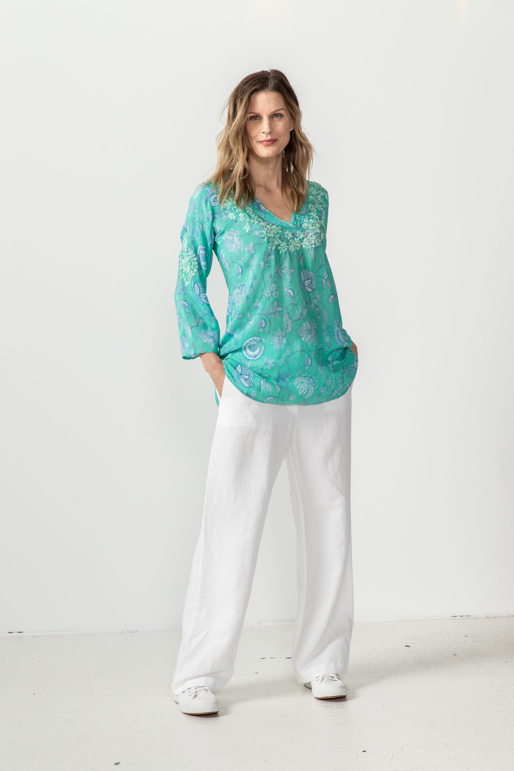 Tessie Emerald Green Silk Crepe Tunic - Amaya Textiles