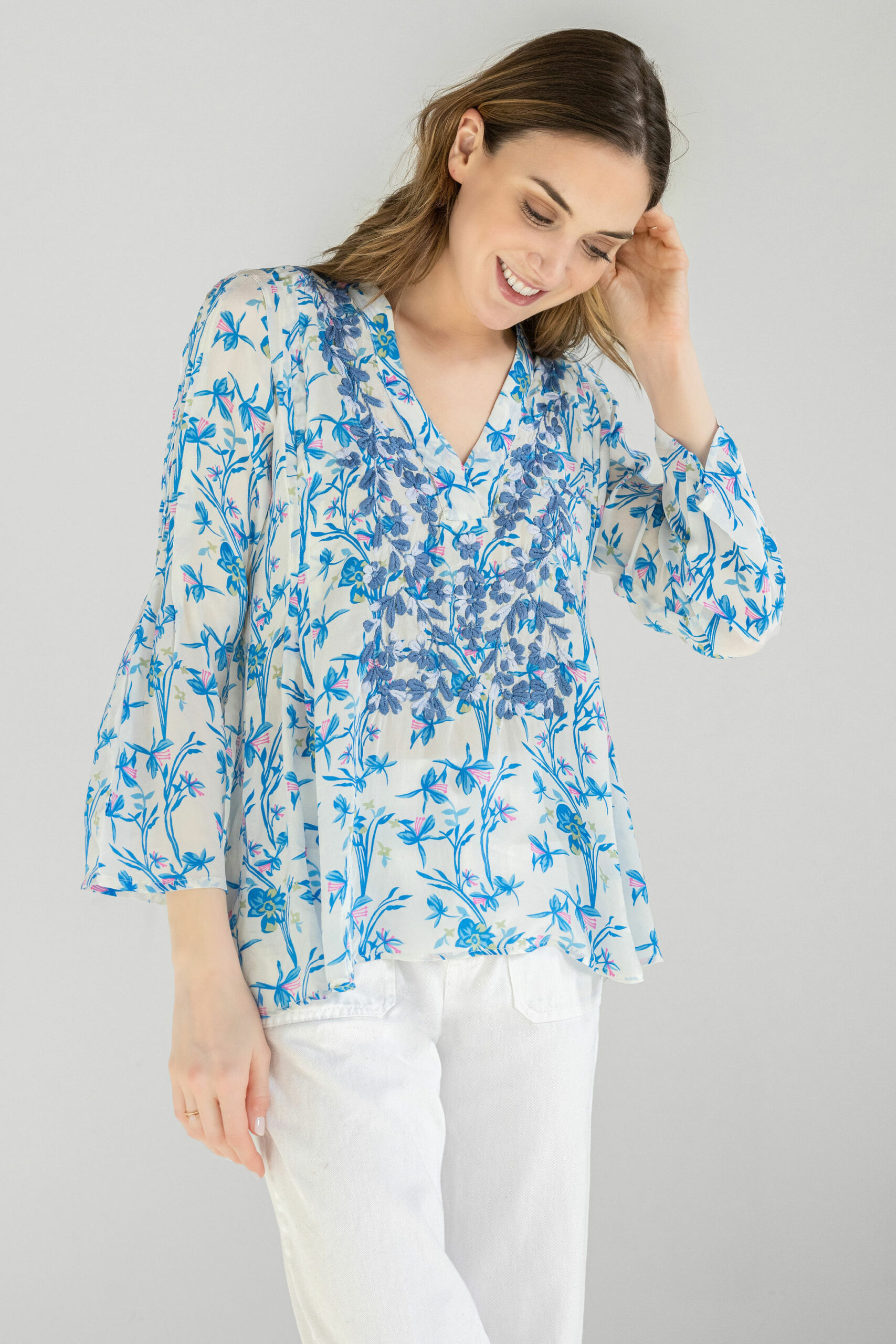 Briar Royal Blue and White Silk Crepe Pin-tuck Shirt - Amaya Textiles