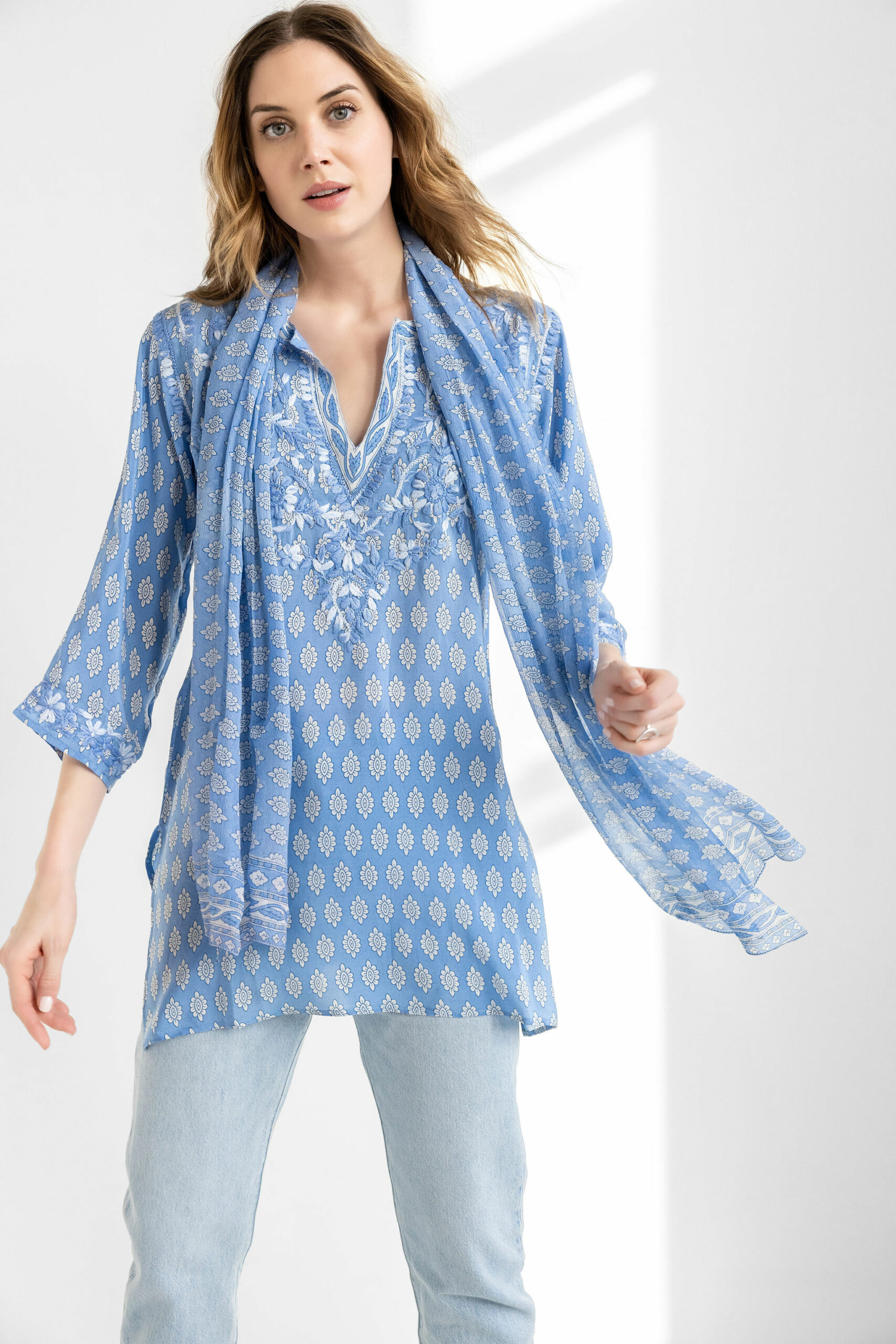 Fleur Blue Silk Shirt/Tunic Amaya Textiles