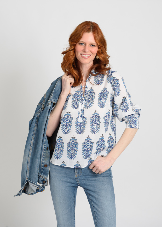 Dee Blue and White Cotton Shirt - Amaya Textiles