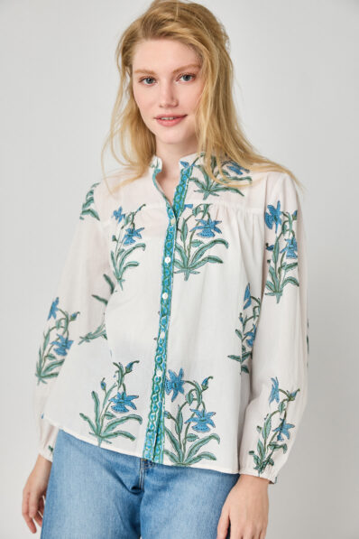 Maeve Teal Floral Cotton Shirt
